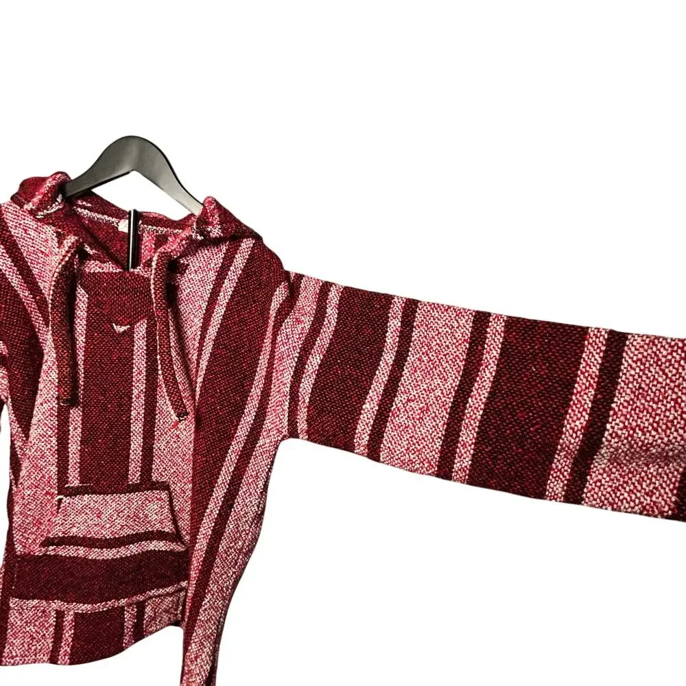 VTG Mexican Baja Hoodie Jerga Drug Rug Striped Red White Large Boho Gorpcore